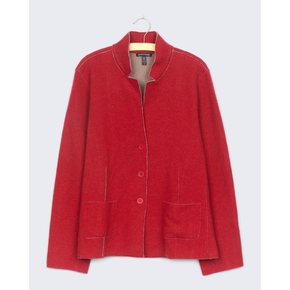 Eileen Fisher Merino Wool Button Front Collared Knit Long Line Blazer Jacket